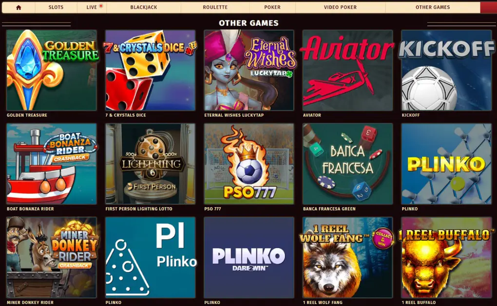 Catalogue des autres jeux de Tropezia Palace avec Aviator, Plinko, Kickoff, Golden Treasure et plusieurs jeux de dés