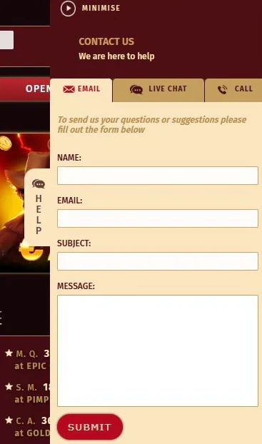 Formulaire de contact du service client de Tropezia Palace avec options e-mail, chat en direct et appel téléphonique